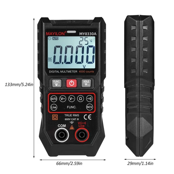MAYILON digitális multiméter feszültségvizsgáló 4000 TRMS automatikus/kézi tartománymérő AC/DC feszültség, ellenállásmérés be-ki NCV érintésmentes, háttérvilágítású LCD kijelző, adattartás funkció