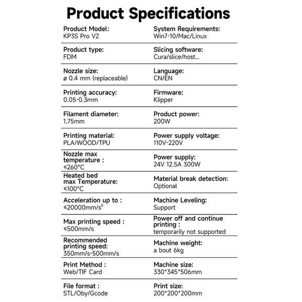 KINGROON KP3S PRO V2 3D nyomtató 500mm/s sebességű nyomtatási méret 200x200x200mm alkalmas Spft szálakhoz PLA/WOOD/TPU