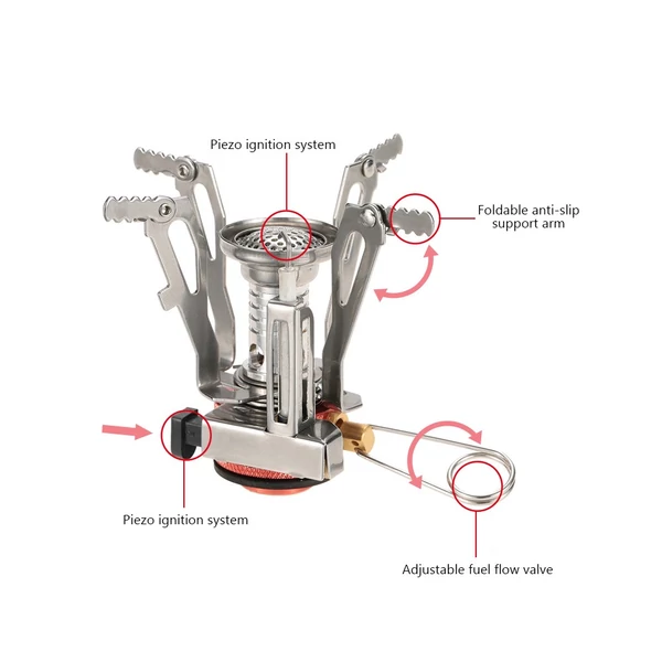 Mini kemping tűzhely és edénykészlet összecsukható kanállal, villával, vágóval szabadtéri kempingezéshez, túrázáshoz, hátizsákos piknikhez