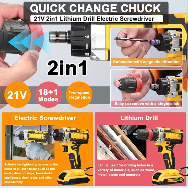 21 V 2 az 1 elektromos lítium fúró/csavarhúzó, nagy nyomatékú szálcsiszolt motor, praktikus háztartási gépekhez, bútorszereléshez, autóelektronika javításához - 2 akkumulátor