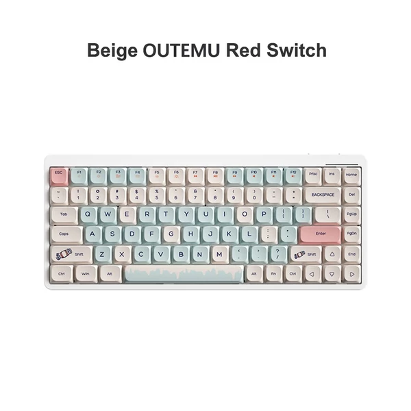 iBlancod vezeték nélküli mechanikus billentyűzet 84 gomb 2.4G+BT5.0+C típusú 3 csatlakozás Alacsony profilú elrendezés 15 Fényhatás 5 Fényerőszint - Bézs, piros gombokkal