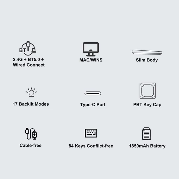 iBlancod vezeték nélküli mechanikus billentyűzet 84 gomb 2.4G+BT5.0+C típusú 3 csatlakozás Alacsony profilú elrendezés 15 Fényhatás 5 Fényerőszint - Szürke, piros gombokkal