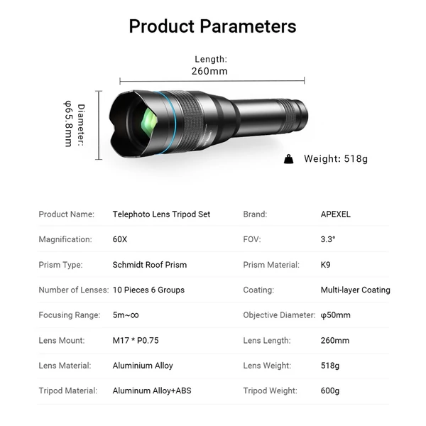 APEXEL APL-60XFR50 4K HD 60X fém monokuláris teleszkóp