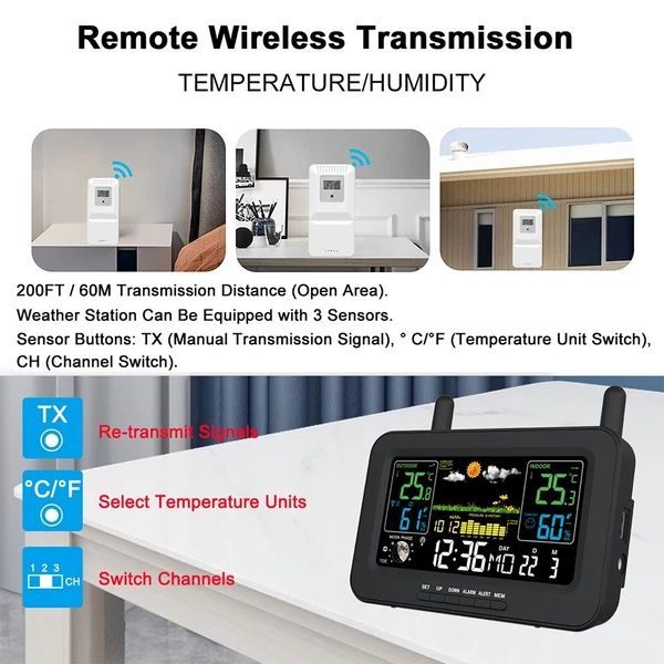 Meteorológiai állomás Vezeték nélküli beltéri kültéri hőmérők LCD színes kijelző hőmérséklet páratartalom monitor kültéri érzékelővel órával / állítható háttérvilágítással / előrejelzés / adat / légnyomás és riasztás