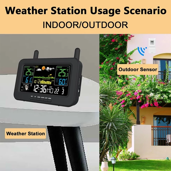 Meteorológiai állomás Vezeték nélküli beltéri kültéri hőmérők LCD színes kijelző hőmérséklet páratartalom monitor kültéri érzékelővel órával / állítható háttérvilágítással / előrejelzés / adat / légnyomás és riasztás