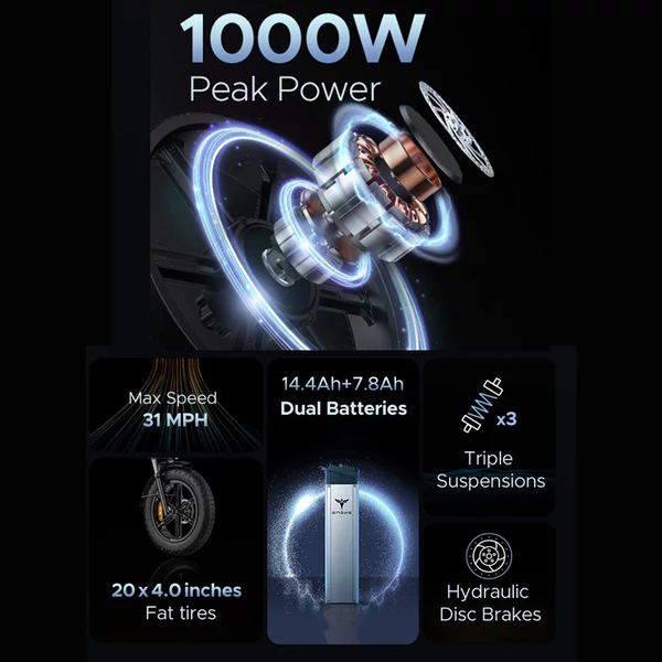 ENGWE X20 Ebike 20 * 4,0 hüvelykes gumiabroncs 750 W-os integrált kerékmotor teljes felfüggesztésű, összecsukható elektromos kerékpár 14,4 Ah és 7,8 Ah kettős akkumulátoros kettős hidraulikus tárcsafék - Fekete