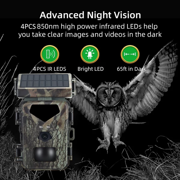 Napenergiával működő 20MP/1080P vadászkamera 0,3 s Trigger Sebesség 48 Infravörös LED Éjszakai látás, mozgással aktivált nyomkamera 60°-os érzékelési tartomány (32G memóriakártyával)