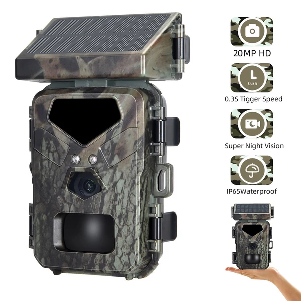 Napenergiával működő 20MP/1080P vadászkamera 0,3 s Trigger Sebesség 48 Infravörös LED Éjszakai látás, mozgással aktivált nyomkamera 60°-os érzékelési tartomány (32G memóriakártyával)