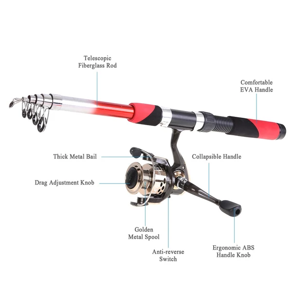 Lixada horgászfelszerelés szett 2,1 m-es teleszkópos üvegszálas horgászbottal, pergetővel, horgászorsóval, horgászcsalikkal, horgokkal, horgásztáskakészlettel, tengervizes/édesvízi ruhákkal - Piros