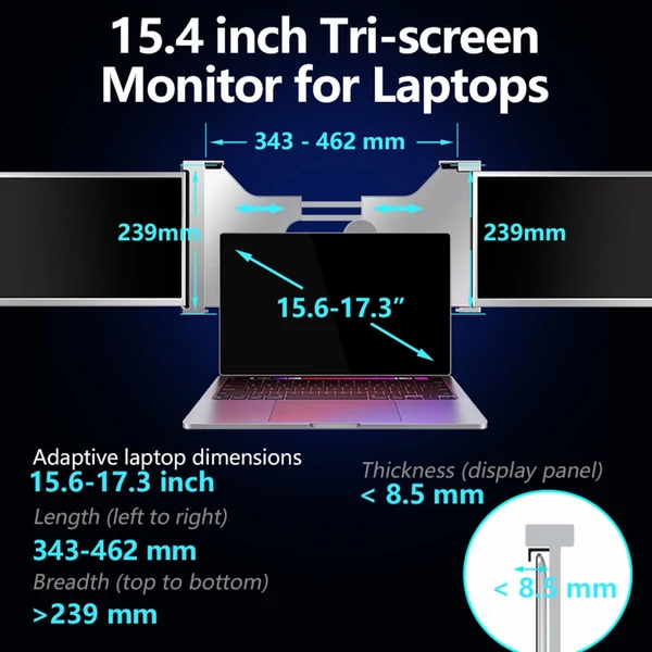 Hordozható háromképernyős monitor laptop bővítőképernyő 1920*1080 felbontás 15-17 hüvelykes laptophoz - 15,4 hüvelykes