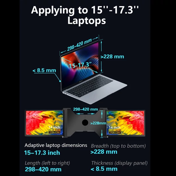 Hordozható háromképernyős monitor laptop bővítőképernyő 1920*1200 felbontás 15-17 hüvelykes laptophoz - 14 hüvelykes
