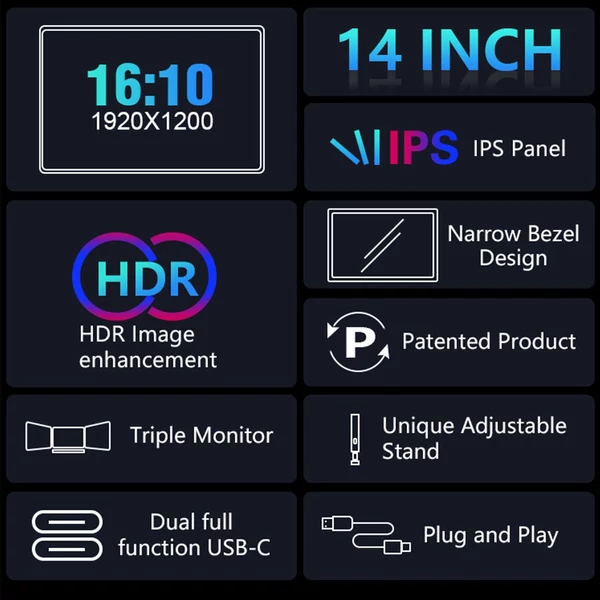 Hordozható háromképernyős monitor laptop bővítőképernyő 1920*1200 felbontás 15-17 hüvelykes laptophoz - 14 hüvelykes