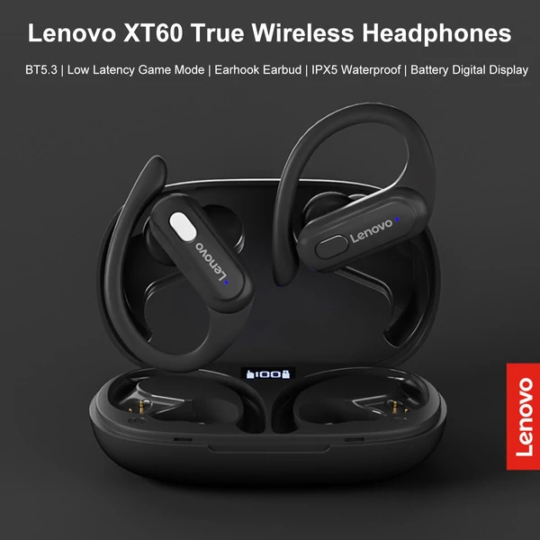 Lenovo XT60 BT5.3 True vezeték nélküli sport fülhallgató mikrofonnal, vízálló, 400 mAh töltőtokkal, digitális kijelzővel - Bézs