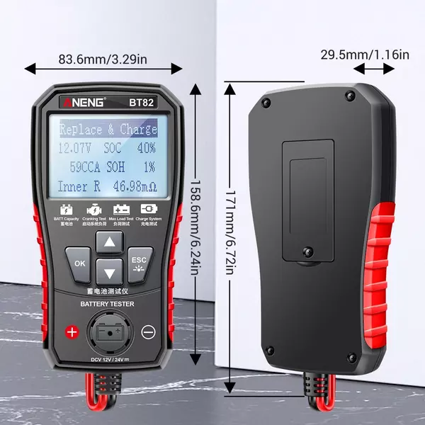 ANENG BT82 hordozható digitális 12V 24V autóakkumulátor elemző, akkumulátorindítási képesség tesztelő, üzemi maximális terhelés tesztelő, töltőrendszer tesztelő LCD kijelzővel