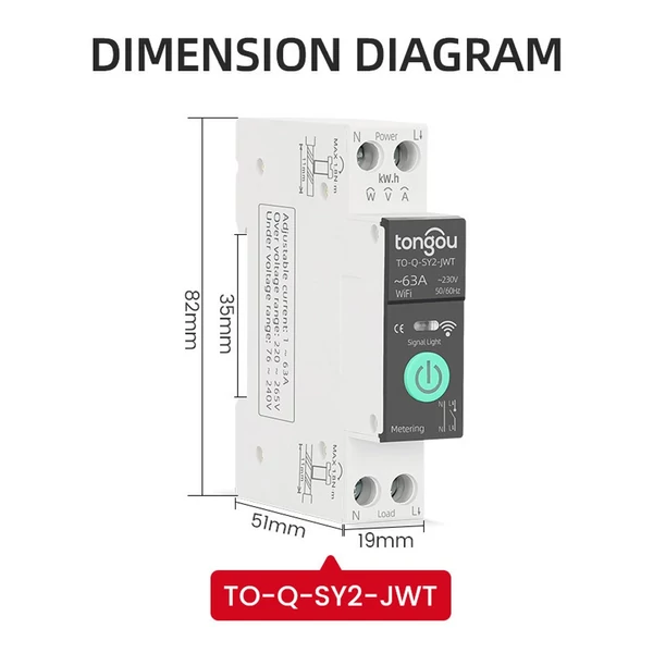 TONGOU Tuya WiFi intelligens megszakító méréssel 1P 63A DIN sín támogatás 3 időzítési mód Több biztonsági védő APP távirányító