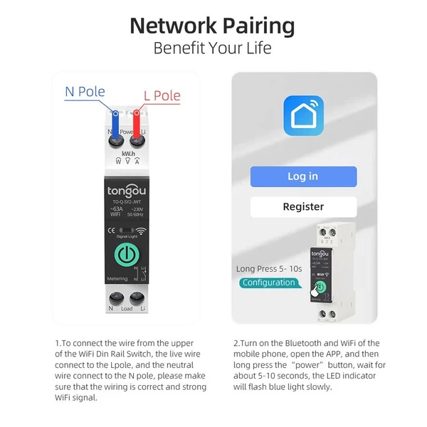 TONGOU Tuya WiFi intelligens megszakító méréssel 1P 63A DIN sín támogatás 3 időzítési mód Több biztonsági védő APP távirányító