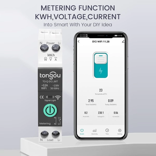 TONGOU Tuya WiFi intelligens megszakító méréssel 1P 63A DIN sín támogatás 3 időzítési mód Több biztonsági védő APP távirányító