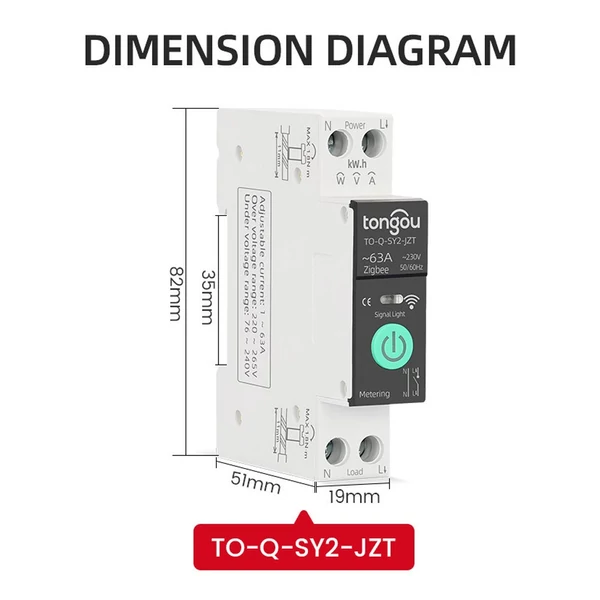 TONGOU ZigBee intelligens megszakító méréssel 1P 63A DIN sín támogatás 3 időzítési mód Több biztonsági védő APP távirányító