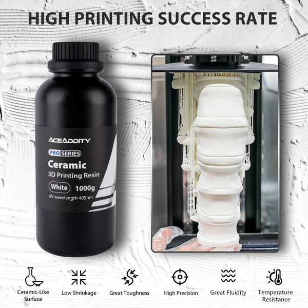 Aceaddity kerámia 3D nyomtatógyanta, kerámiaszerű felület, nagy pontosságú és kiváló hőmérséklet-állóság, alkalmas 2K/4K/8K LCD/DPL/SLA 3D nyomtatókhoz - Fehér 1 kg