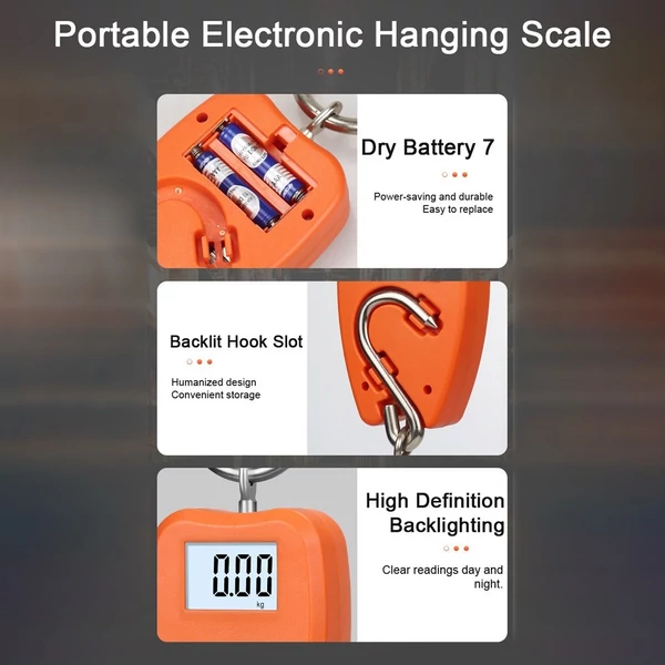 Hordozható elektronikus többfunkciós, nagy pontosságú digitális poggyászmérleg LCD kijelzővel, horoggal - Narancs
