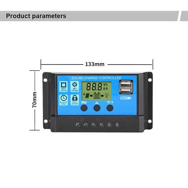 30A napelemes töltésvezérlő 12V/24V automatikus azonosítás PWM paraméterek Állítható LCD kijelző Kettős USB port optikai késleltetési móddal