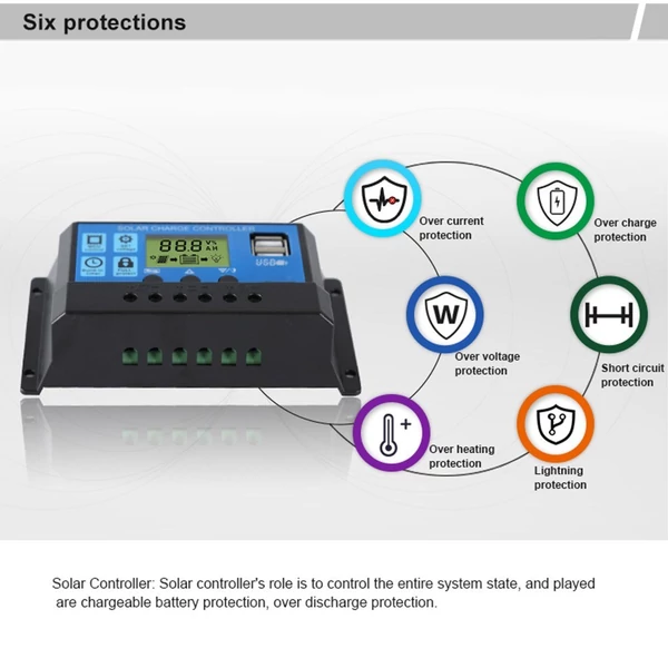 30A napelemes töltésvezérlő 12V/24V automatikus azonosítás PWM paraméterek Állítható LCD kijelző Kettős USB port optikai késleltetési móddal