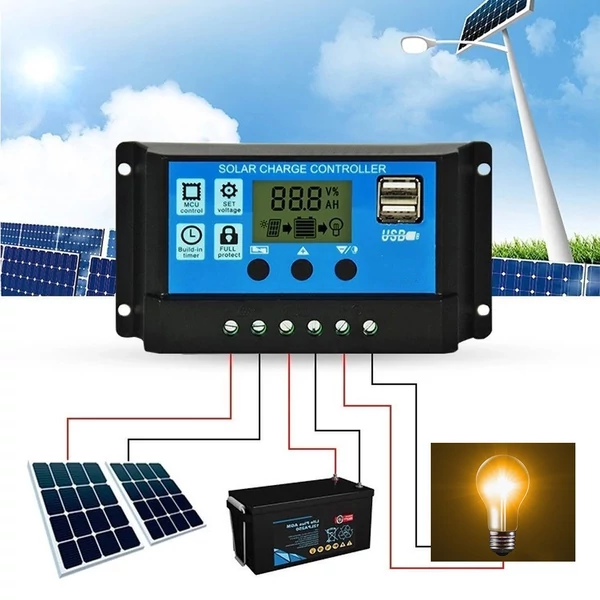 30A napelemes töltésvezérlő 12V/24V automatikus azonosítás PWM paraméterek Állítható LCD kijelző Kettős USB port optikai késleltetési móddal