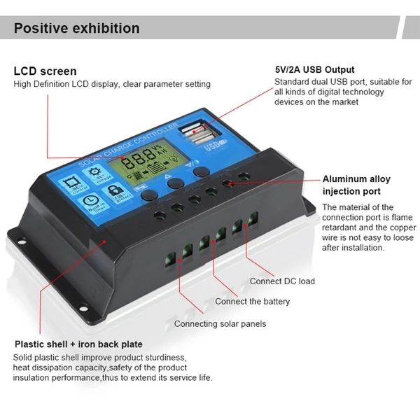 30A napelemes töltésvezérlő 12V/24V automatikus azonosítás PWM paraméterek Állítható LCD kijelző Kettős USB port optikai késleltetési móddal