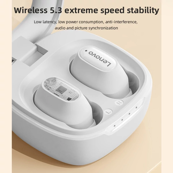 Lenovo XT62 BT5.3 True Wireless Sport fülbe helyezhető fülhallgató, érintőképernyős vezérlés mikrofonnal, 300 mAh töltőtokkal - Fehér