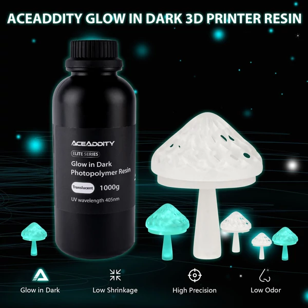 Aceaddity Glow In Dark Resin speciális 3D nyomtató folyékony gyanta, nagy felbontású, 405 nm UV-re keményedő fotopolimer 2K/4K/8K LCD/DPL/SLA 3D nyomtatókhoz – áttetsző 1 kg/palack