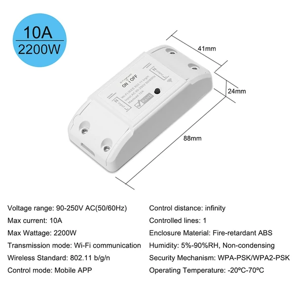 tuya Wifi intelligens kapcsoló kompatibilis az Amazon Alexával és a Google Home Timer intelligens kapcsoló modullal – 10A