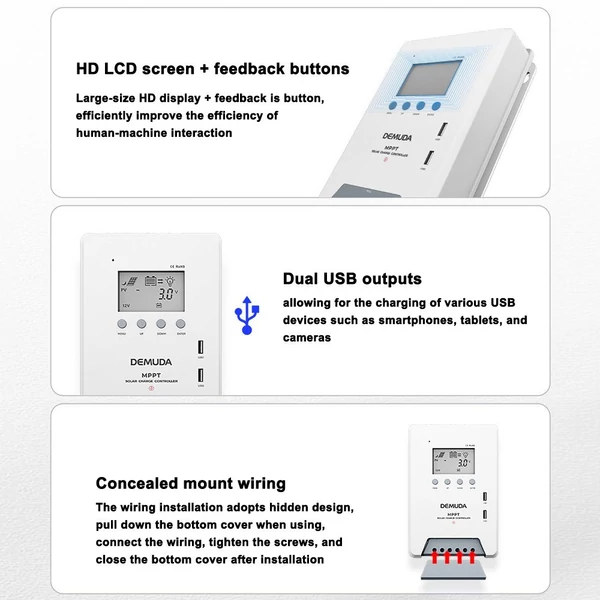 MPPT RV töltés 12V/24V intelligens napelemes töltésszabályozó automatikus követés LCD kijelzővel Kettős USB port ólom-lítium LiFePO4 akkumulátorhoz - 30A