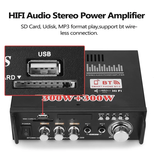 12V/ 220V Mini 2CH LCD kijelző HIFI audio sztereó végerősítő BT FM rádió hordozható autós otthon 600W távirányítóval - Típus 2
