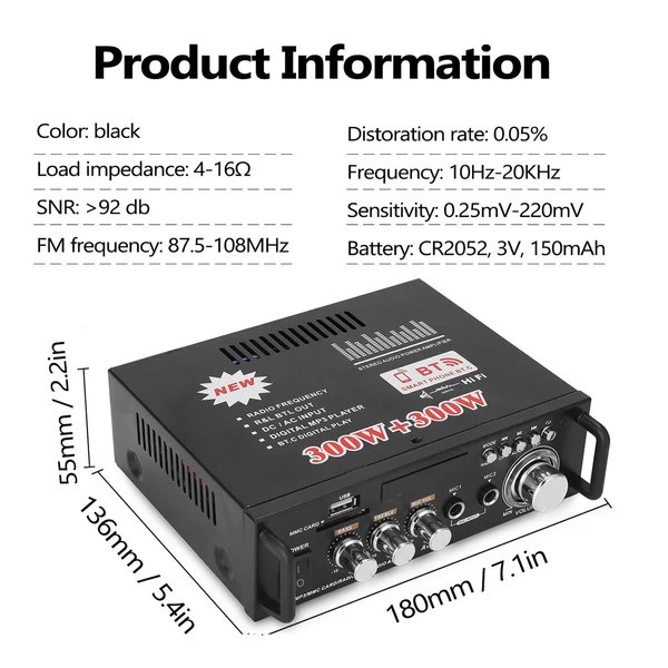 12V/ 220V Mini 2CH LCD kijelző HIFI audio sztereó végerősítő BT FM rádió hordozható autós otthon 600W távirányítóval - Típus 2