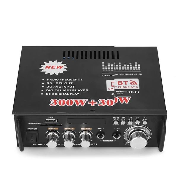 12V/ 220V Mini 2CH LCD kijelző HIFI audio sztereó végerősítő BT FM rádió hordozható autós otthon 600W távirányítóval - Típus 1