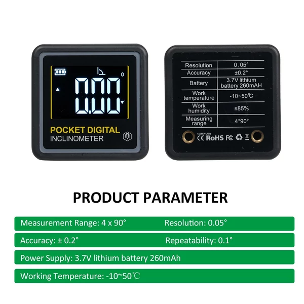 4 x 90°-os hordozható digitális dőlésmérő LCD háttérvilágítással, egyoldali mágneses multifunkciós, 2 üzemmóddal, keresőszöggel
