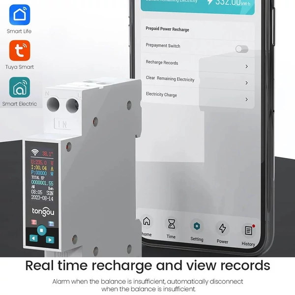 tongou Tuya Wifi intelligens 35 mm-es DIN Sínes megszakító LED-es teljesítménymérő, időzítő relé, APP vezérlés előre fizetett funkcióval