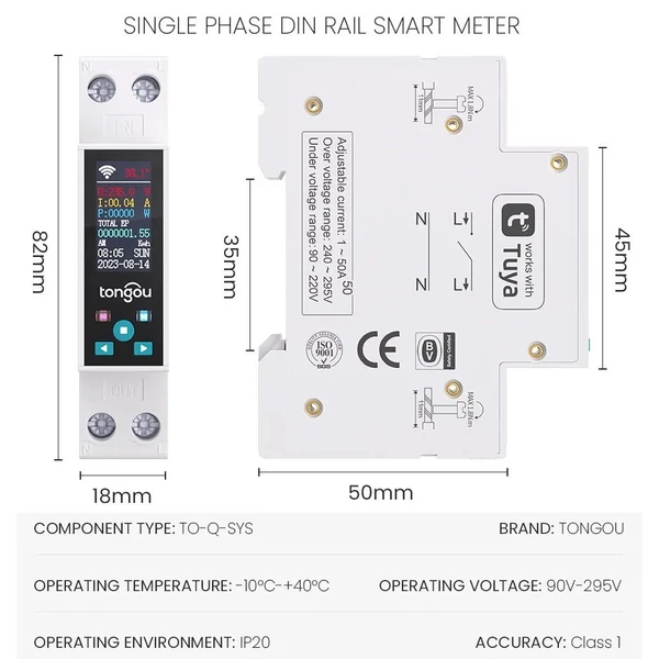 tongou Tuya Wifi intelligens 35 mm-es DIN Sínes megszakító LED-es teljesítménymérő, időzítő relé, APP vezérlés előre fizetett funkcióval
