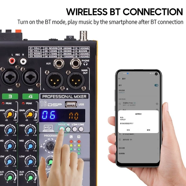 Professzionális 4 csatornás BT audio keverő 2 vezeték nélküli mikrofonnal LED digitális keverőpulttal