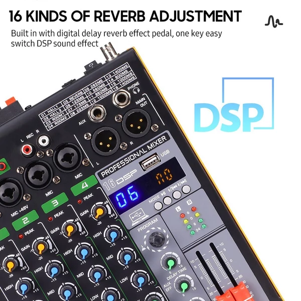 Professzionális 4 csatornás BT audio keverő 2 vezeték nélküli mikrofonnal LED digitális keverőpulttal
