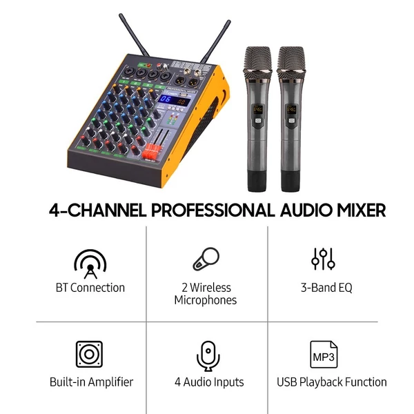 Professzionális 4 csatornás BT audio keverő 2 vezeték nélküli mikrofonnal LED digitális keverőpulttal