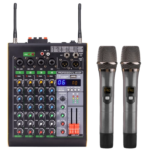 Professzionális 4 csatornás BT audio keverő 2 vezeték nélküli mikrofonnal LED digitális keverőpulttal