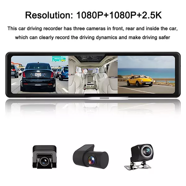 12 hüvelykes 2,5K átlátszó autós visszapillantó tükör BT videofelvevő kamera (3 kamera)