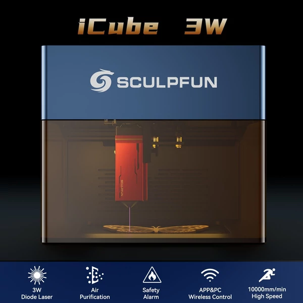 Sculpfun iCube 3W lézergravírozó füstszűrő hőmérséklet riasztóval