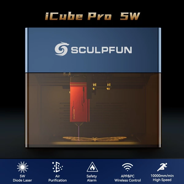 Sculpfun iCube Pro 5W lézergravírozó füstszűrővel, hőmérséklet riasztóval