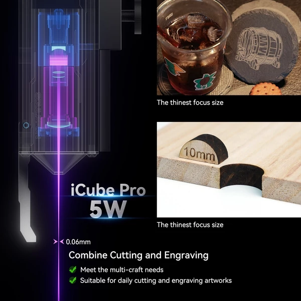 Sculpfun iCube Pro 5W lézergravírozó füstszűrővel, hőmérséklet riasztóval