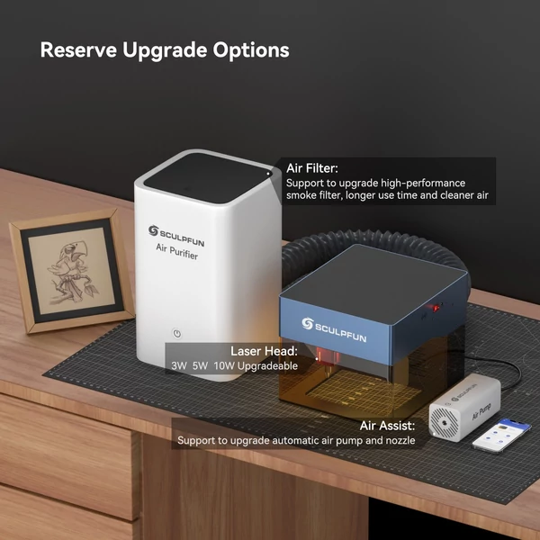 Sculpfun iCube Pro 5W lézergravírozó füstszűrővel, hőmérséklet riasztóval