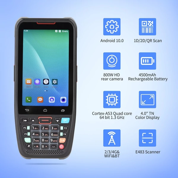 Kézi POS Android 10.0 PDA-terminál töltőaljzattal 1D/2D/QR vonalkódolvasó 3GB+32GB 800W HD hátsó kamera