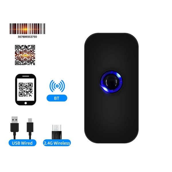 Kézi 3 az 1-ben 1D/2D/QR vonalkód olvasó BT / 2.4G vezeték nélküli és USB vezetékes csatlakozás támogatása