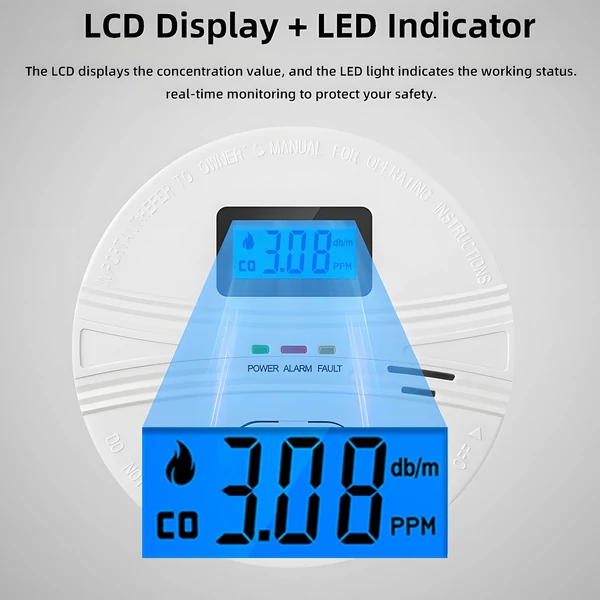 2 az 1-ben CO- és füstérzékelő elemmel működő, tesztgombos hangjelzéssel és LCD digitális kijelzővel, hordozható tűzjelző riasztóval (1 db)